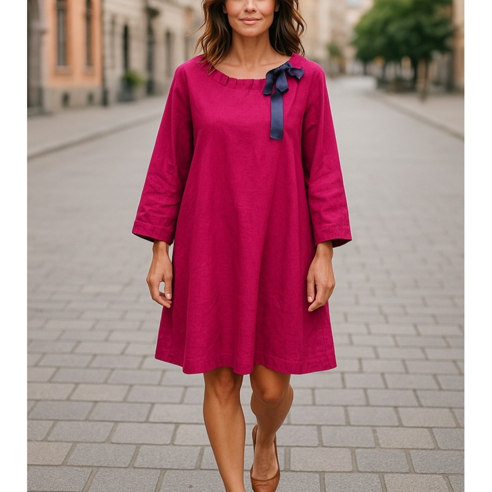 Le Muse Women's‎ Dress Lg Fuchsia Pink Knee Length Boat Neck Ribbon 3/4 Sleeve